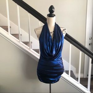 NWOT Rhapsody | metallic blue mini halter dress